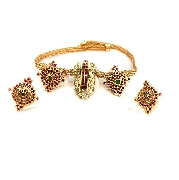 Adyashree Shanku Chakra Choker Design pattern Ruby & Emerald, Gold plated South Indian Wedding Traditional Temple Jewellery set. Latest fashion full Combo for Girls & Women.