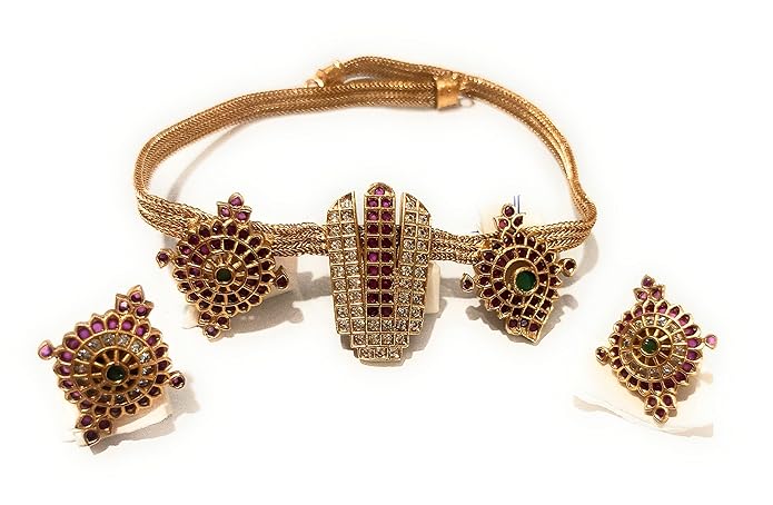 Adyashree Shanku Chakra Choker Design pattern Ruby & Emerald, Gold plated South Indian Wedding Traditional Temple Jewellery set. Latest fashion full Combo for Girls & Women.