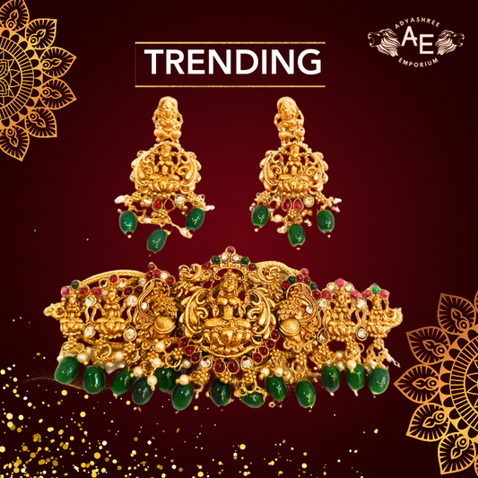 Adyashree Emporium Laxmi Long Design pattern Ruby & Emerald, pearl based Gold plated south Indian Wedding Traditional temple jewellery set. Latest fashion Jewellery for Girls & Women.