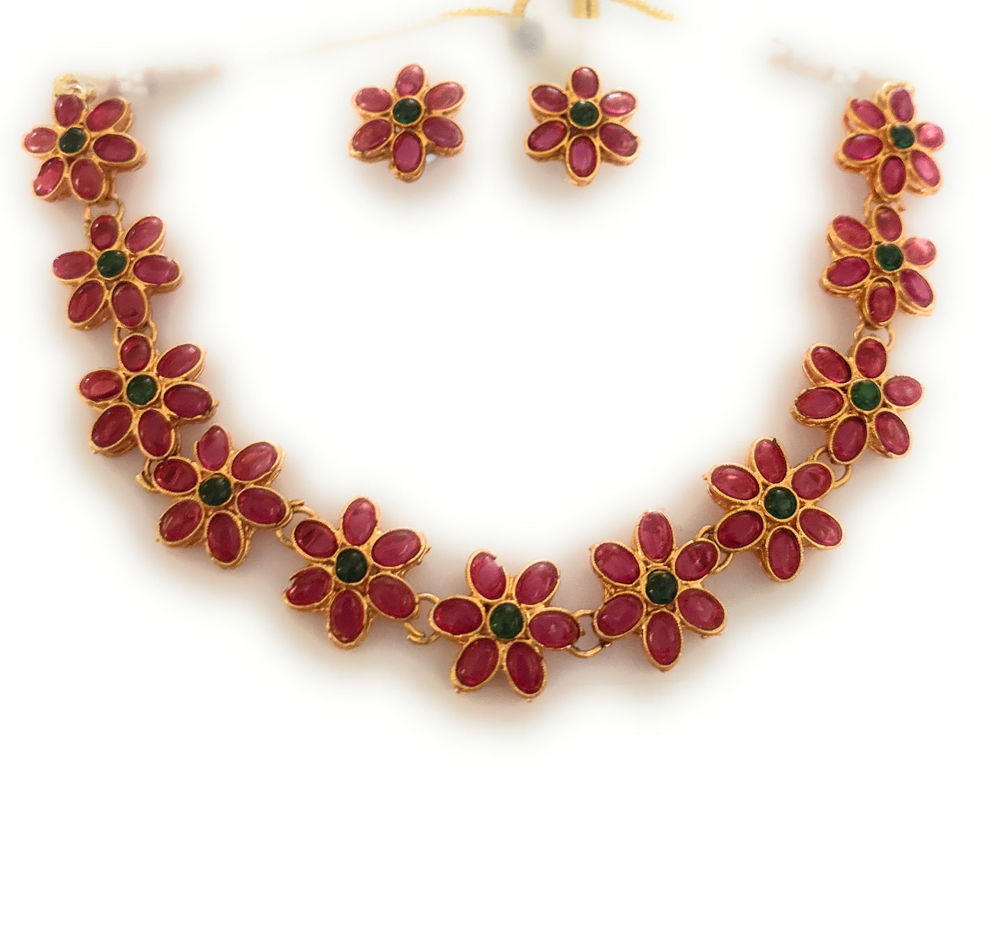 Red Ruby flower shaped Ruby & Emerald, pearl based Gold plated south Indian Wedding  jewellery set.