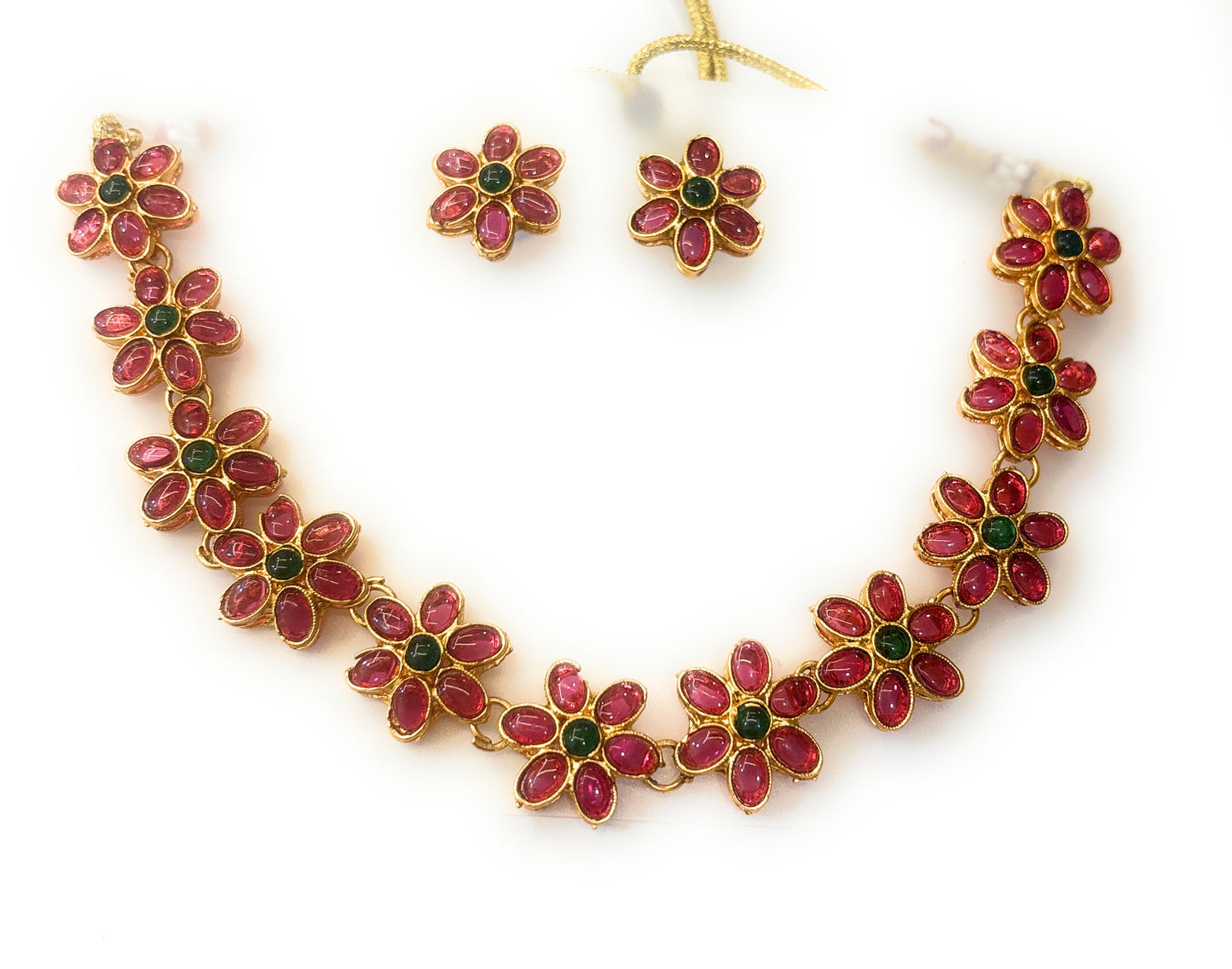 Red Ruby flower shaped Ruby & Emerald, pearl based Gold plated south Indian Wedding  jewellery set.