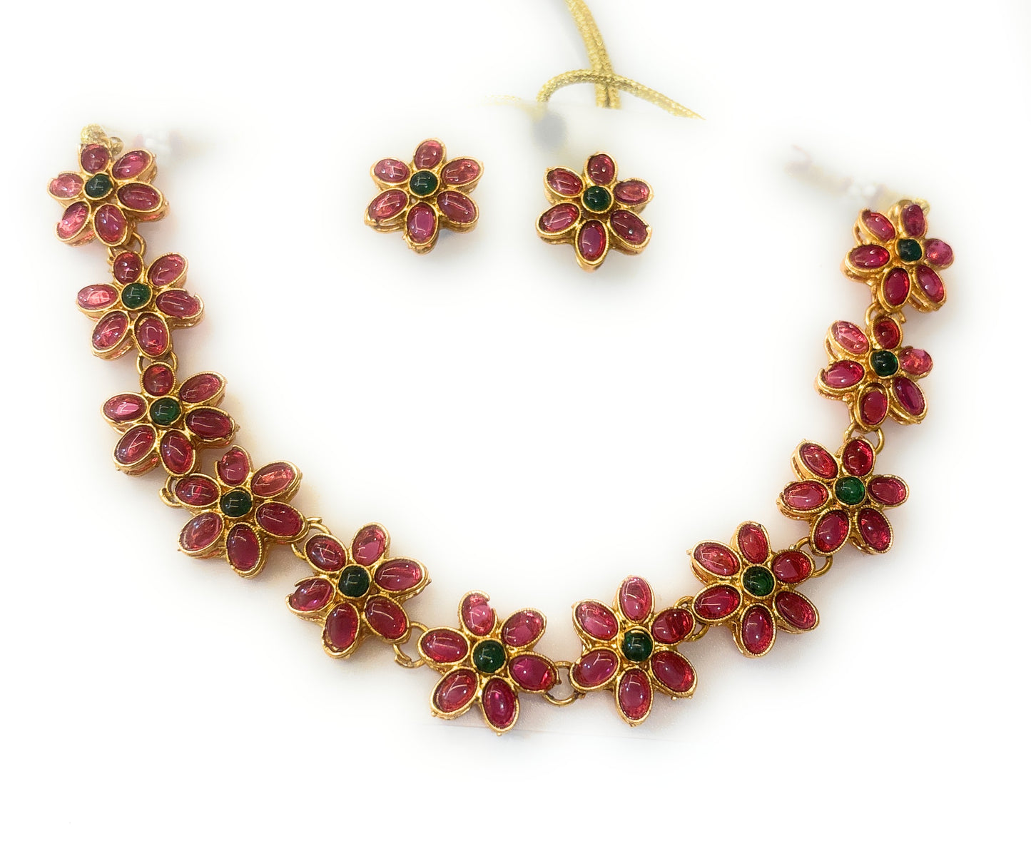 Red Ruby flower shaped Ruby & Emerald, pearl based Gold plated south Indian Wedding  jewellery set.