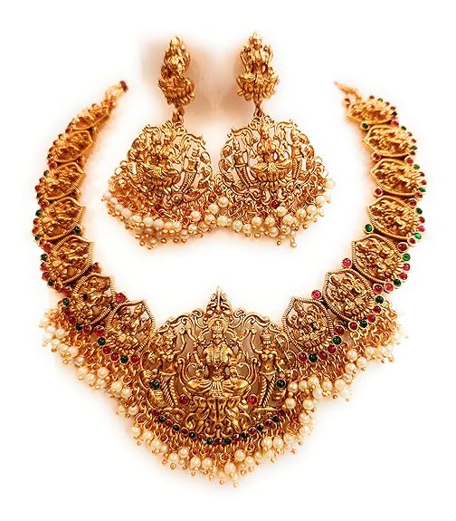 Adyashree Emporium Traditional Diamond and Gold Plated Latest Fashion Necklace Set Maharani Haar with Red, Green colour beads and Earrings. Latest Necklace set Jewellery Set for Women