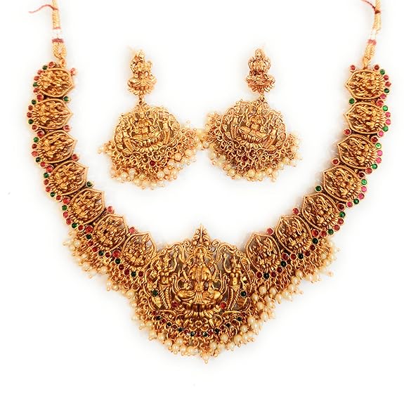 Adyashree Emporium Traditional Diamond and Gold Plated Latest Fashion Necklace Set Maharani Haar with Red, Green colour beads and Earrings. Latest Necklace set Jewellery Set for Women