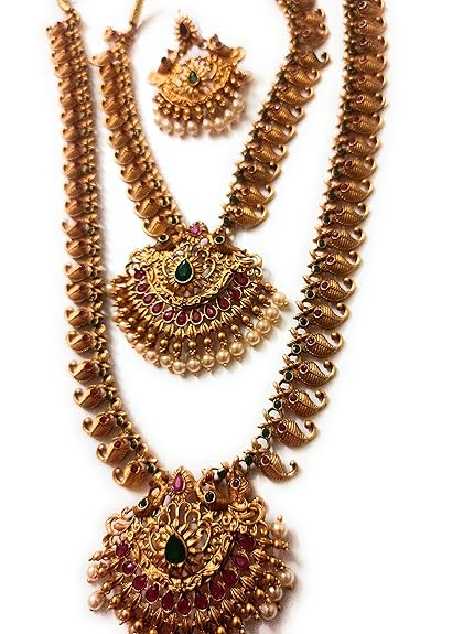 Adyashree Emporium Ruby & Emerald, pearl based mango design Gold plated south Indian Wedding Traditional temple jewellery set. Latest fashion full Combo for Girls & Women