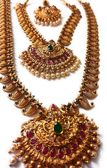 Adyashree Emporium Ruby & Emerald, pearl based mango design Gold plated south Indian Wedding Traditional temple jewellery set. Latest fashion full Combo for Girls & Women