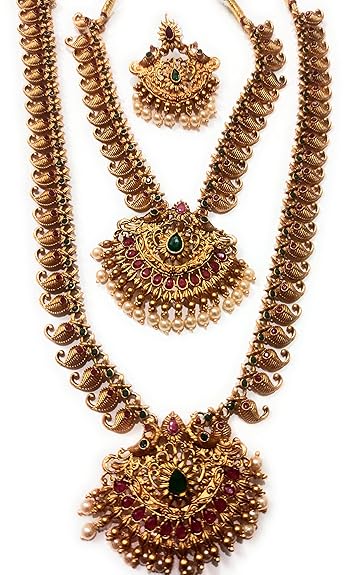 Adyashree Emporium Ruby & Emerald, pearl based mango design Gold plated south Indian Wedding Traditional temple jewellery set. Latest fashion full Combo for Girls & Women