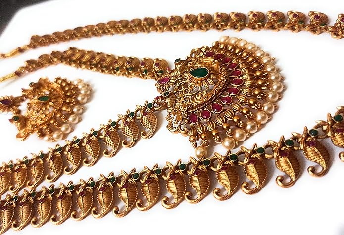 Adyashree Emporium Ruby & Emerald, pearl based mango design Gold plated south Indian Wedding Traditional temple jewellery set. Latest fashion full Combo for Girls & Women